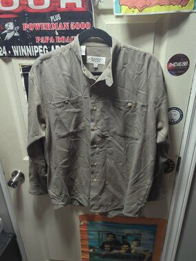 Vintage 90s Y2K R2 Randy River Button Up Green Tan Long Sleeve Mens Shirt Medium